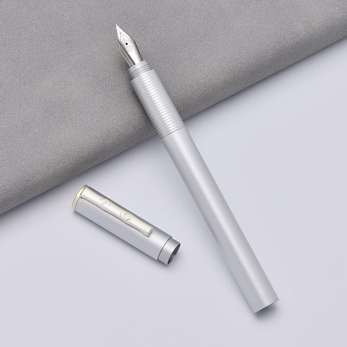 Hongdian H3 Fountain Pen Fine Nib with Bamboo Pen Clip, Silver Aluminum Alloy Writing Pen
