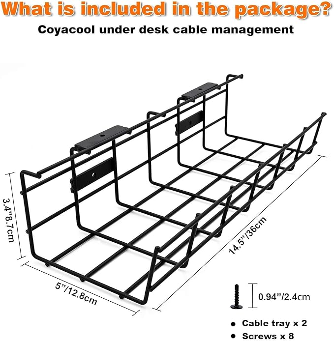 Under Desk Cable Management- 1 Pack Cord Organizer. Metal Wire Cable Management Tray for Office, Studio and Home. Super Sturdy Under Table Cable Raceways Management - Black Cable Organizer
