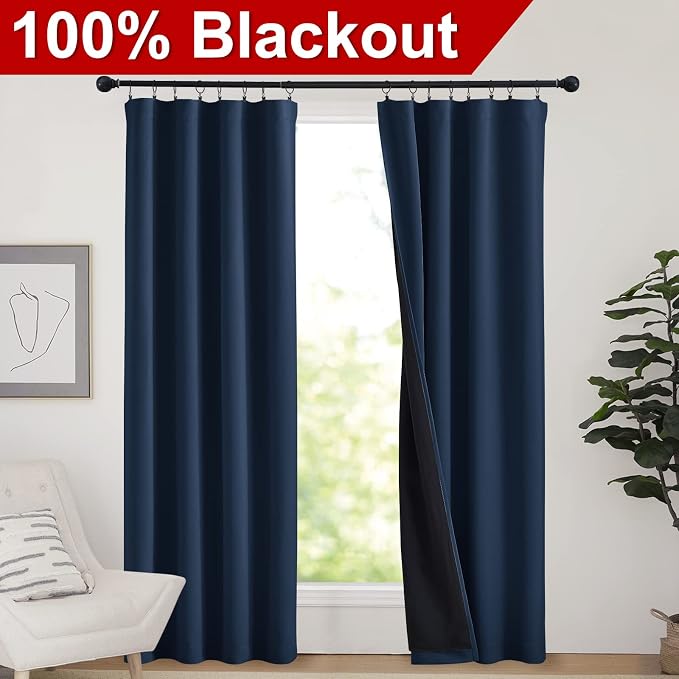 NICETOWN Complete 100% Blackout Curtains, Thermal Insulated & Energy Efficiency Window Draperies for Guest Room, Full Shading Panels for Shift Worker and Light Sleepers (Navy, 42W x 84L, 2 PCs)