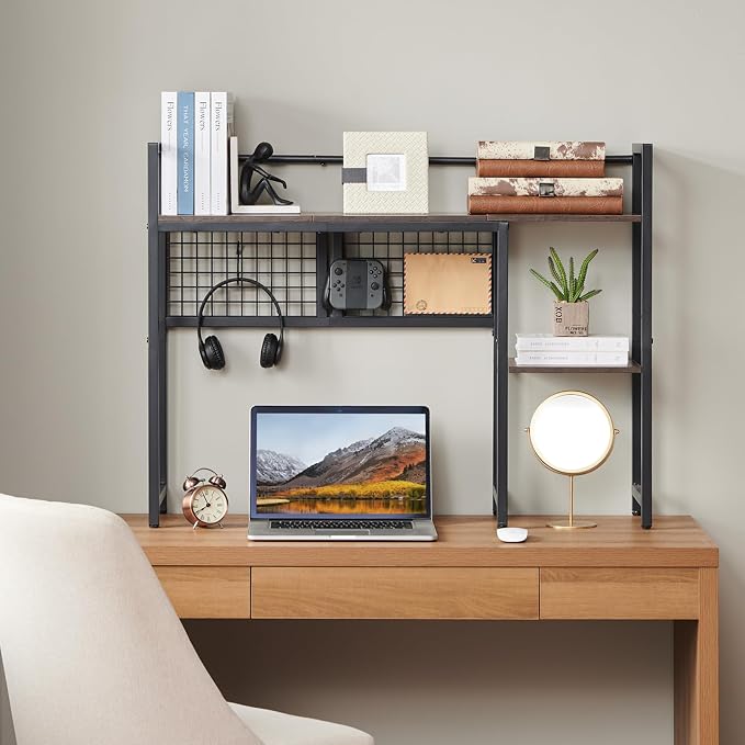 4-Tier Desk Hutch Shelf with Grid Panel, 39” Desktop Bookshelf for Monitor, Office & Home (Rustic Brown, 39")