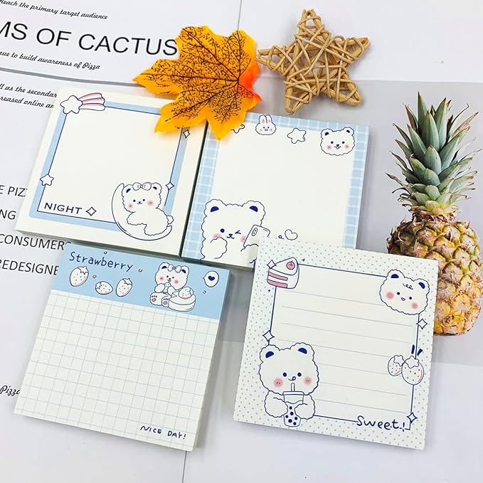 Cute Sticky Notes, 4Pack(320 Sheets) Kawaii Sticky Notes 3.1x3.1in Self-Stick Note Pads Colorful Super Note Pads Unique Cute Bear Patterns Sticky-Note