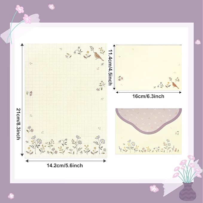 37 Pcs Stationery Paper Envelopes Set Includes 24 Lined Writing Paper & 12 Envelopes with 48 Round Stickers, Cute Bear Flower Cat Letter Writing and Stationery Paper Envelopes(4Style)