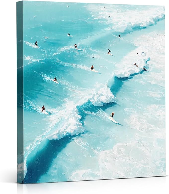 Coastal Ocean Surfing Wall Art Decor Nautical Beach Surf Painting Picture Artwork Blue Ocean Wall Decor for Home Beach Room Bedroom 8x10 Canvas Framed