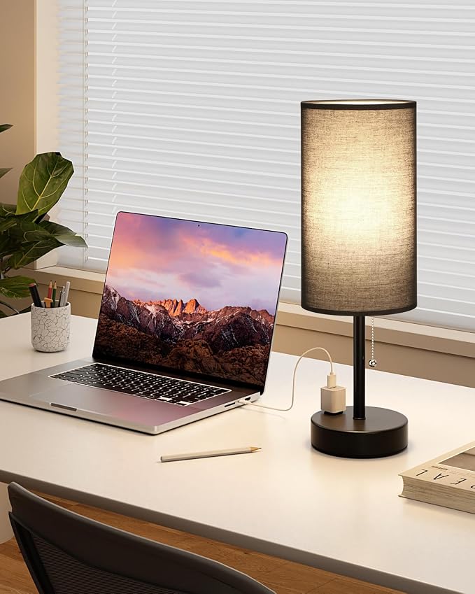 Fenmzee 17.4" Large Black Bedside Lamps Set of 2-3 Color Temperatures Pull Chain Lamp with AC Outlet Charging Port, Two Round Night Stand Lamps for Bedroom Guest Room Office