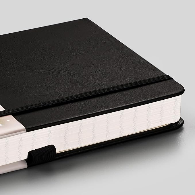 EMSHOI A5 College Ruled Notebook, 256 Numbered Pages 120GSM Ink-Proof Faux Leather Hardcover Lay-Flat Lined Journal for Work Office School Travel Writing, Small 5.75" x 8.38", Black