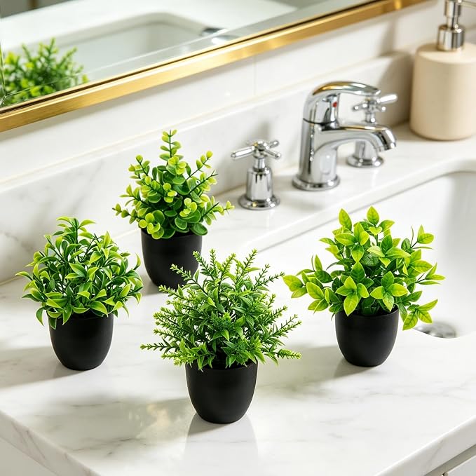 4 Pack Mini Fake Plants Artificial Potted Plants for Home Office Bathroom Shelf Desk Decor, Small Faux Greenery with Black Pots, Assorted Faux Grass & Leaf Plants for Indoor Aesthetic Decoration