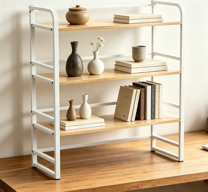 Office Desk Shelf Organizer, Wood Desktop Bookshelf Supplies Storage Rack, Shelf for Top of Desk and Dresser and Cubicle Decor Aesthetic Bookshelf (White Wood, Three Tier, 15.75Lx7.87Wx22.05H)