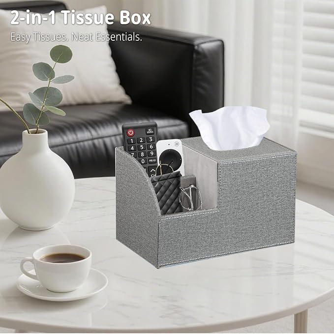 Square Tissue Box Cover with Storage, PU Leather Cube Tissue Box Holder, Remote Control Nightstand Organizer, Modern Desk Caddy for End Table, Bathroom, Bedroom, Home, Office Decor(Grey) | TV Remote Control Holder, Desk Accessories Nightstand Organizer...