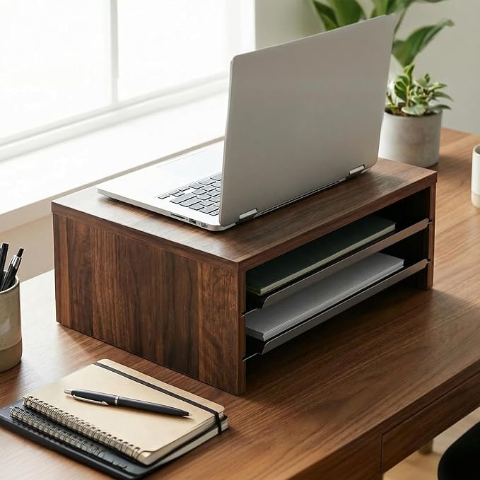 Fenge 14.3-Inch Monitor Stand with Slide-Out Trays, Wood & Metal Desk Shelf | 3-Tier Space-Saving Desk Storage Organizer, Fits Computer, Laptop, Printer and Telephone