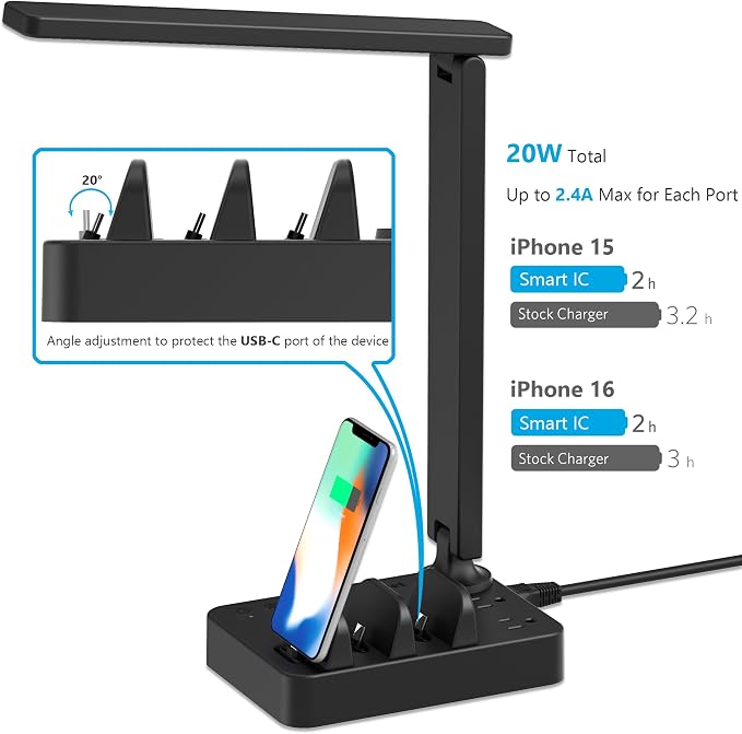 Drevet LED Desk Lamp, Touch Cotrol Small Table Lamp with 3 USB C Charger, 2 AC Power Outlet, 3 Light Modes, 3 Level Brightness and 1H Timer for Bedroom Bedside, Office, Home, Night Necessity, Black
