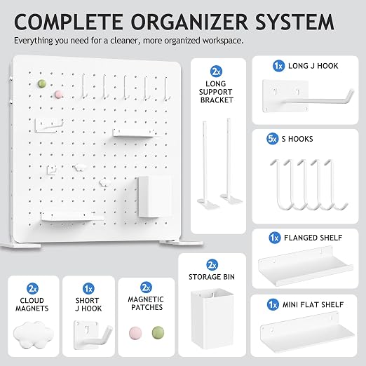 White Metal Desk Pegboard Organizer, 15.75 in with Hooks and Shelves | White metal desktop pegboard with support feet, hooks, shelves, storage cup and magnets for office, bedroom and craft storage