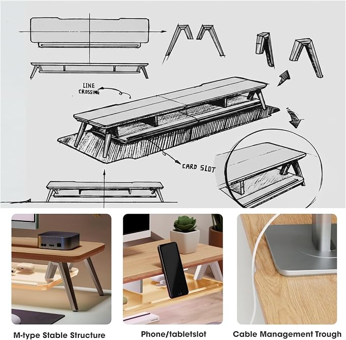 Fenge 42.5 Inch Monitor Stand with LED Lights, Dual Monitor Riser with Acrylic Shelf & Aluminum Legs, Desk Monitor Shelf for Home Office & Gaming, Dark Oak