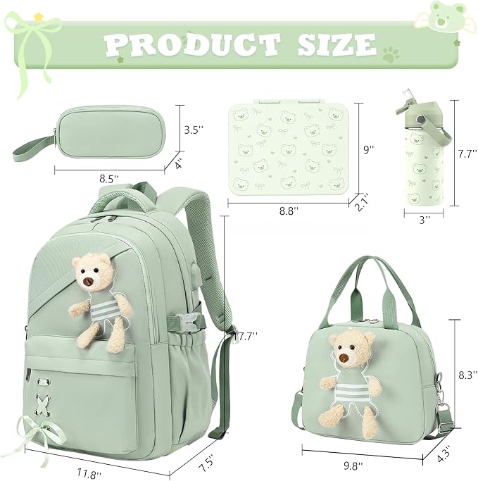 ACESAK Girls Backpack for School Set - 5 PCS Cute Girls Backpack with Lunch Box, Pencil Case, Bento Box & Insulated Water Bottle - Kawaii Casual Kids Bookbag Set Back to School Supplies (Green)