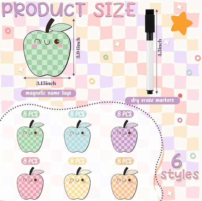48 Pcs Pastel Fruit Dry Erase Magnetic Labels Colorful Checkerboard Fruit Student Name Tags Magnetic Locker Name Plates Stickers for Back to School Classroom Desks School Whiteboards