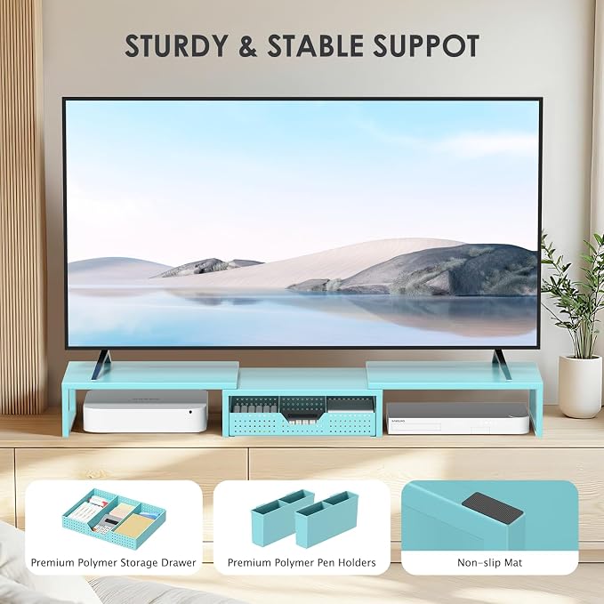 OPNICE Desk Organizers and Accessories, Dual Monitor Stand Riser with Drawer and 2 Pen Holders, Desk Shelf Metal Computer Monitor Stand for Office Workspace Organizers, Desktop Organization (Blue Metal)