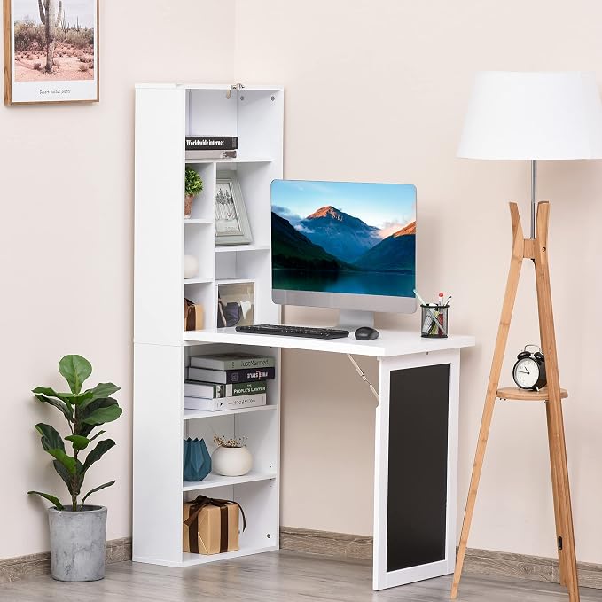 Folding Wall Mounted Desk with Storage, Expandable Hidden Computer Desk, Foldable Space-Saving Pull Out Murphy Table, Writing Table with Blackboard for Home Office Bedroom Small Spaces (White.)