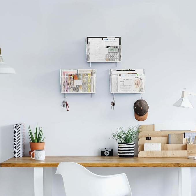 OYEAL Hanging Wall File Organizer Holder 3 Pack Mesh Wall Mounted Magazine Holder with Hooks, Metal Wall Document Pocket Mail Organizer for Office/Home Organization and Storage, White