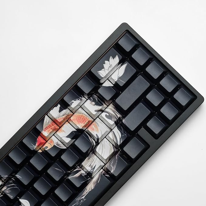 PBT Keycaps Lucky Koi Fish 60 75 100 Percent Shine Through Side Printe Thick Cherry Profile 130 Keys Dye Sub Custom Keycap Set keycaps for 61/64/68/84/87/100/104/108 MX Mechanical Keyboard