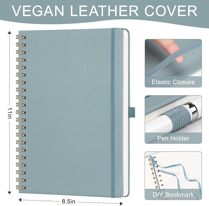 AHGXG Graph Paper Notebook - Spiral Notebook 8.5" x 11", A4 Large Hardcover Leather Journal Grid Notebook, 100 gsm Thick Graph Paper,Journals for School Writing Graphing Engineering Math, GrayBlue