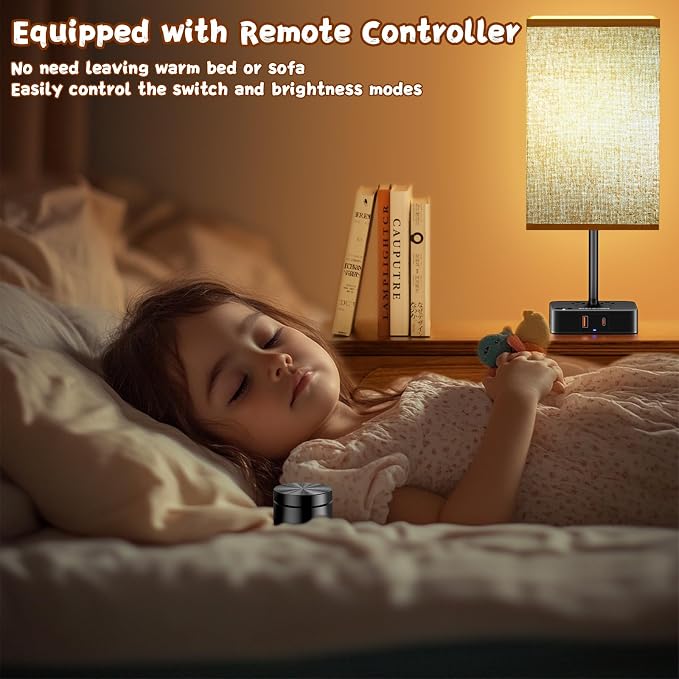 cozoo Bedside Table Lamp for Bedroom, 3 Way Dimmable & Remote Control Stepless Dimming Touch Nightstand Lamp, 2 USB Ports and 2 AC Outlets, Small Desk Light for Living Room, Bed, Study, Brown