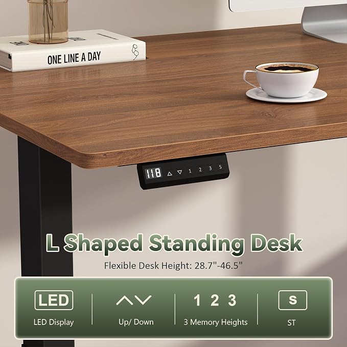 YOMILUVE Farmhouse L Shaped Standing Desk, 66 inch Corner Electric Standing Desk with Drawers ＆ Storage Shelves, Height Adjustable Computer Desk with Power Outlets for Home Office (Black and Brown) | Corner Electric Standing Desk with Drawers ＆ Storage...