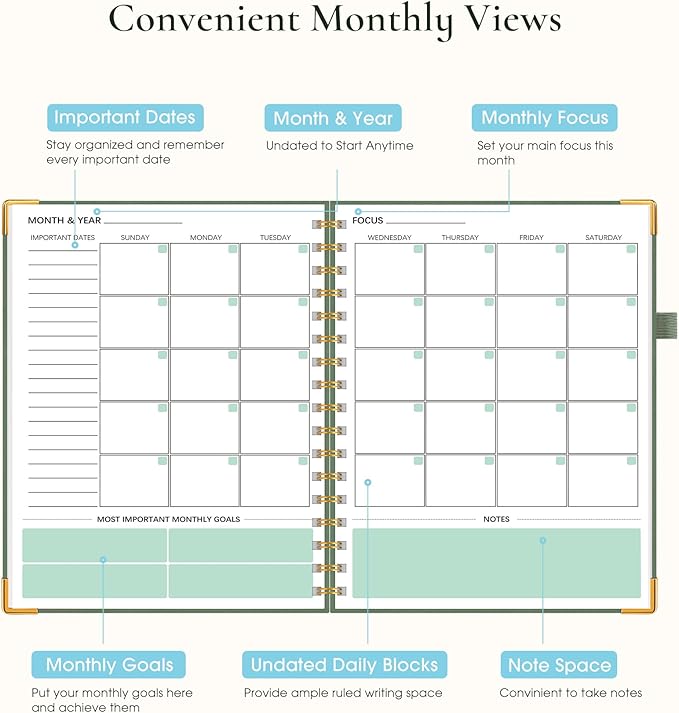 Undated Weekly Planner, Hardcover Leather Weekly & Monthly Calendar Blank Planner, To Do List Notebook with Goal & Habit Tracker Organizer, A5 Daily Planner with Spiral Binding, Ideal for Work School Home, Green