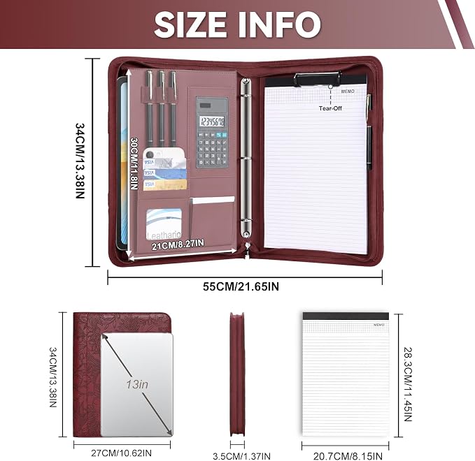 Leathario Portfolio Binder, Includes 5 Sheet Protectors and a Pen, 13 Inch Tablets Organizer, Vegan Leather A4 Padfolio, Multi-Pocket Notepad Business Planner Professional Document
