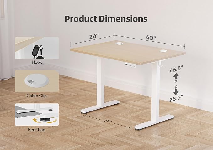 YDN Electric Standing Desk Adjustable Height, 40 x 24 Inches Stand up Desk with Cable Management, Home Office Desks with Splice Board & White Frame, Nature Top