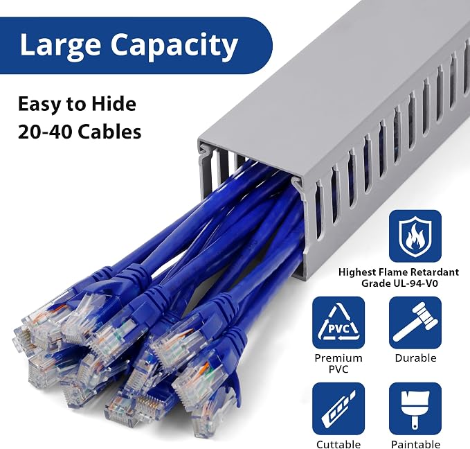 2" H x 2" W Cable Raceway, 66in Under Desk Wire Management Channel, Grey | Slotted Wire Duct, 4Pack, 16.5in Each, Heavy-Duty PVC Cable Management for Server Racks, Network Cables & Electrical Cabinets