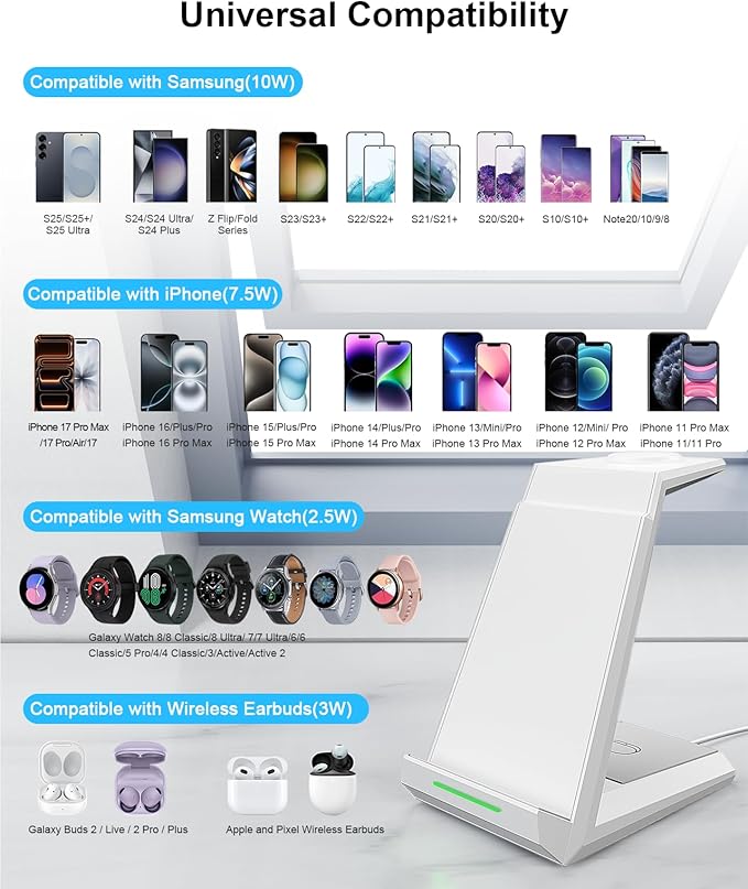 Wireless Charger for Samsung Charging Station, ADADPU 3 in 1 Charger Stand for Multiple Devices Fast Dock for Galaxy S25 S24 S23 Ultra S22 S21 Z Flip Fold 5, Samsung Watch 7/6/5/4/3/Pro, Galaxy Buds