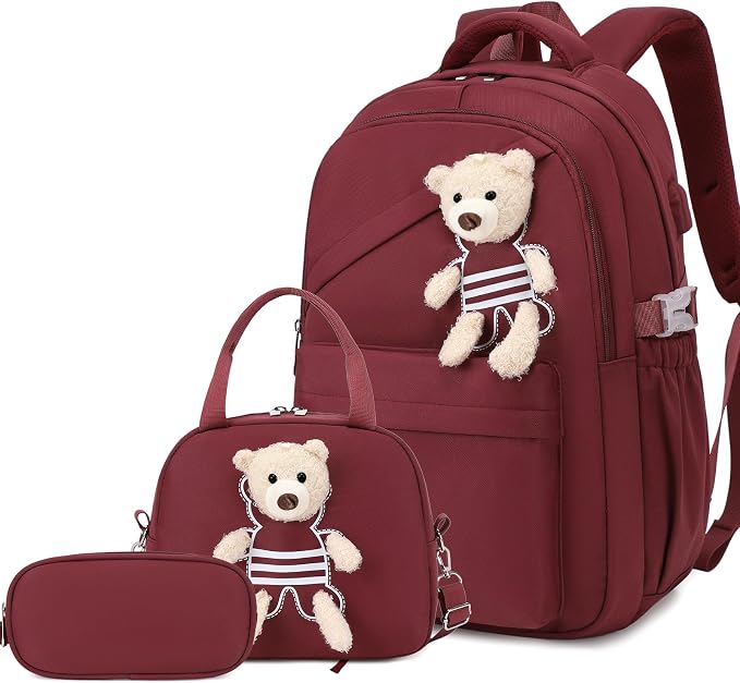 ACESAK School Backpack for Girls - 3 PCS Cute Girls Backpack with Lunch Box & Pencil Case - Kawaii Casual Kids Bookbag School Bag Daypacks Set for Elementary Middle High School Student Teens (Red)