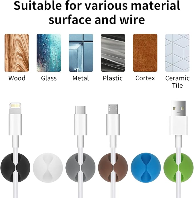 tifanso 6PCS Colorful Adhesive Cable Clips for Home Office Wire Management | Self-Adhesive, No Drill Easy Install, Ideal for Desk Nightstand & More, Secure Cord Holders, Keep Wires Neat & Organized