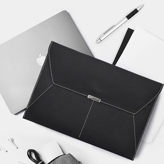 VANRA File Folder Document Holder Organizer Waterproof Portfolio Leather Folder Case with 3 Pockets, Filing Envelopes for A4 Letter Size Paper with Snap Magnetic Button Closure (Black)