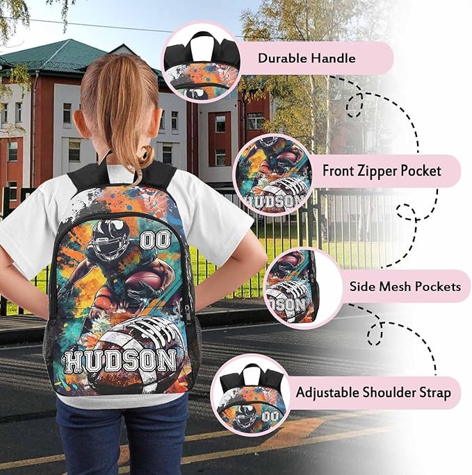 Personalized Baseball Backpack with Name Back to School Supplies Bookbag for Kids Boys Custom Football Basketball Player Schoolbag and Water Bottle Cup&Pencil Pouch School Backpacks with Lunch Box Set