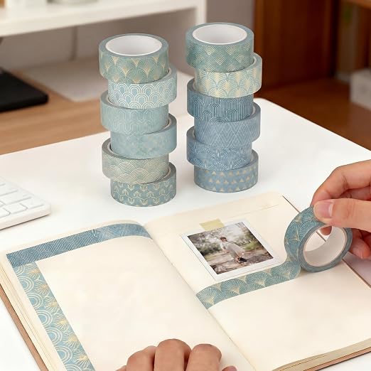 12 Rolls Watercolor Floral Washi Tape Set 15 mm Vintage Flower Decorative Masking Tape for Summer School Arts DIY Craft Scrapbook Journal Supplies Gifts(Teal Color,Art Deco)