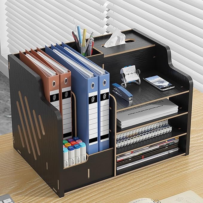Bamboo Desk Organizer, Desktop Wood Bookshelf File Organizer, Pen Holder and Tissue Holder, 1 Drawer with lock for Office, Home, Need to Install (Light black)