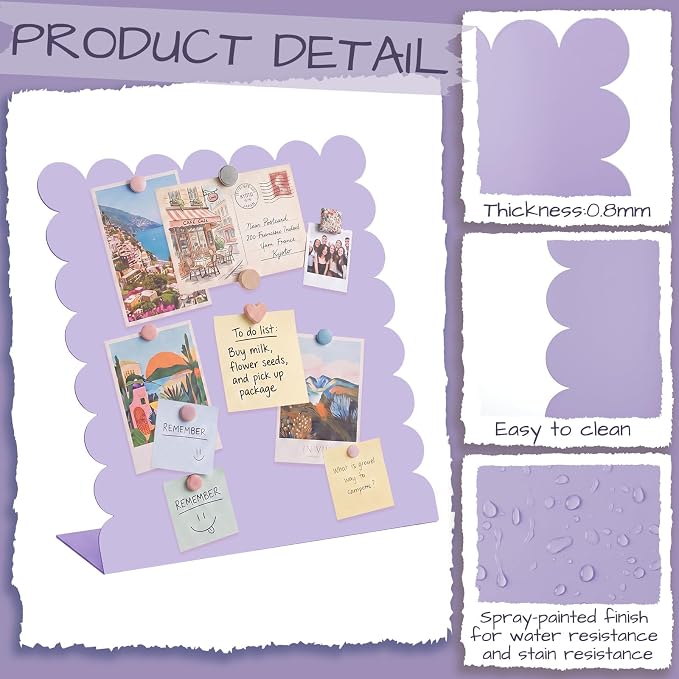 Gueevin 2 Pcs Magnet Board Standing Magnetic Metal Board for Desk and Wall Scalloped Magnetic Display Stand for Memos Photos and Documents Home Office School Desk Storage Decoration(Purple,Medium)