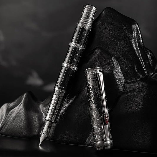 HONG DIAN D5 Qin Dynasty Fountain Pen Black Silver, Fine Nib Piston Filling Pen, Retro Chinese Totem Engraving Smooth Writing Pen with Pen Box Set