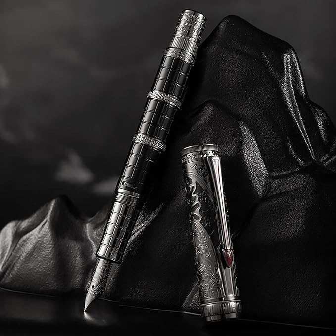 HONG DIAN D5 Qin Dynasty Fountain Pen Black Silver, Extra Fine Nib Piston Filling Pen, Retro Chinese Totem Engraving Smooth Writing Pen with Pen Box Set