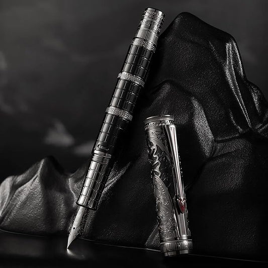HONG DIAN D5 Qin Dynasty Fountain Pen Black Silver, Extra Fine Nib Piston Filling Pen, Retro Chinese Totem Engraving Smooth Writing Pen with Pen Box Set