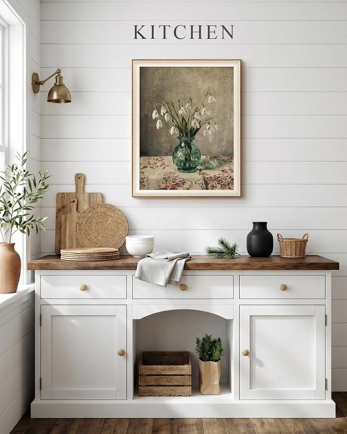 VIYYIEA Framed Wall Art for Living Room, Snowdrop Flowers in Green Glass Vase Canvas Prints, Vintage Floral Still Life Home Decor, Bedroom Wall Decor, Kitchen Aesthetic Art, 16x20 Inch