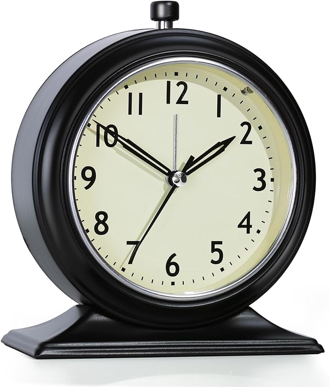 AYRELY® 5.5" Vintage Metal Alarm Clock, Desk and Table Clock for Shelf | Battery Operated Silent Analog Clock with Light for Living Room,Mantel, Bedside and Home Decor (Black)