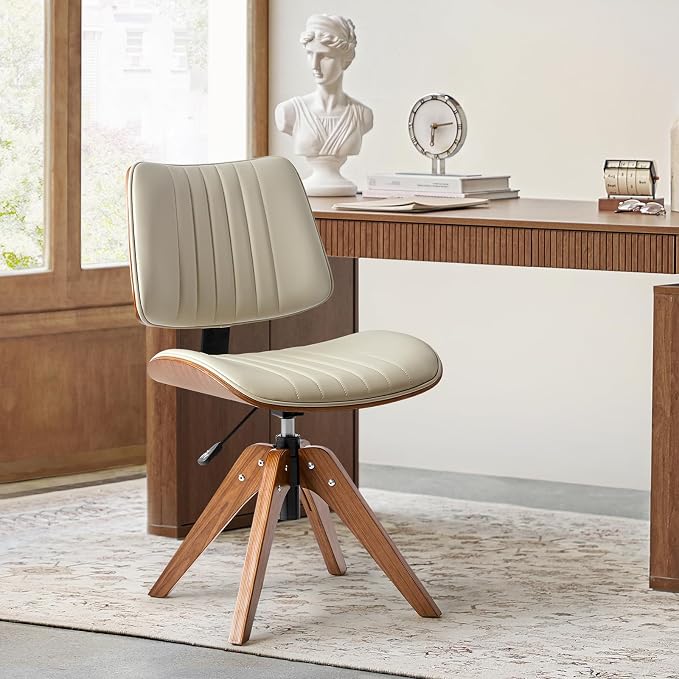 HULALA Home Faux Leather Home Office Desk Chair No Wheels, Ivory | Mid-Century Modern Desk Chair with Wood Legs, 360° Swivel Computer Task Chair with Channel-Tufted Backrest, Height Adjustable