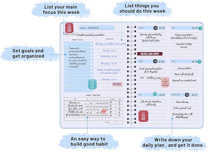 Undated Weekly Planner with Habit Tracker, 52 Weeks To Do List Notebook A5 Weekly Goal Planner with Spiral Binding & Stickers Home Work School Supplies for Women Girls 8.2" x 5.7" - Blue