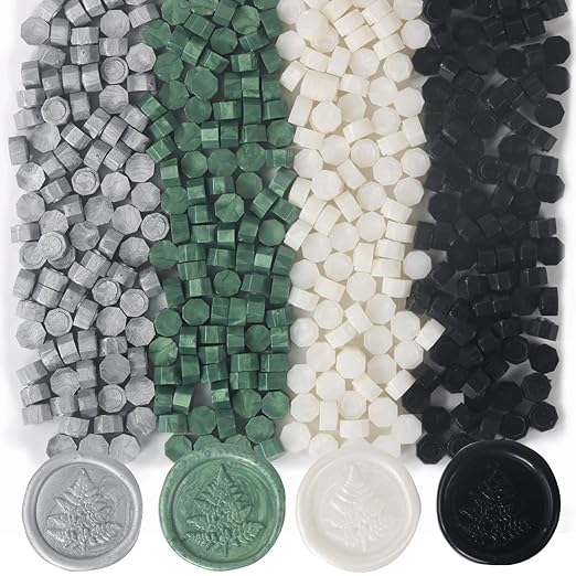400Pcs Wax Seal Beads, 4 Colors Pine Green/Black/Pearl White/Silver Wax Seal Kit for Stamp Seals, Decor for Envelope Letter Wedding Invitation (Classic Color)