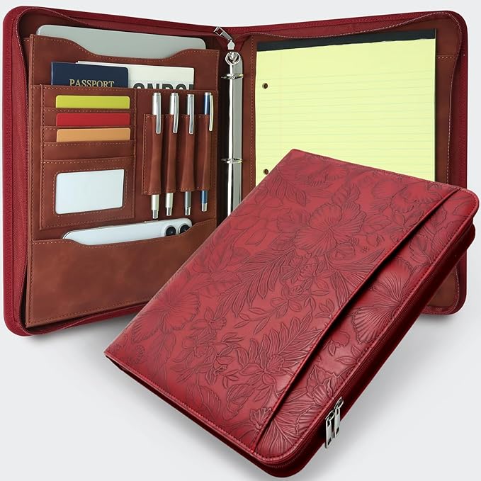 A4 Embossed Faux Leather Zippered Padfolio with 3 Ring Binder, Executive Portfolio Organizer Binder for Women, Fits 13.9" Laptop/Tablet, Refillable Writing Pad Pocket, Red