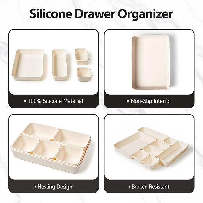 ISSEVE 8Pcs Silicone Drawer Organizer Trays for Bathroom, 4 Sizes, White | Nesting Organizer Trays, For Vanity, Desk, Nightstand, Makeup, Jewelry, Toiletries, and Office Small Items, Drawer Organizer
