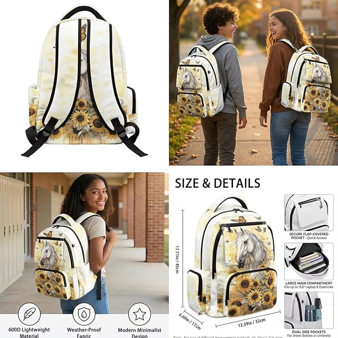 Horse Sunflower Backpack with Lunch Box for School Boys Girls Personalized School Bags 4 in 1 Set Includes Lunch Bag Pencil Case and Water Bottle Holder Back to School Supplies