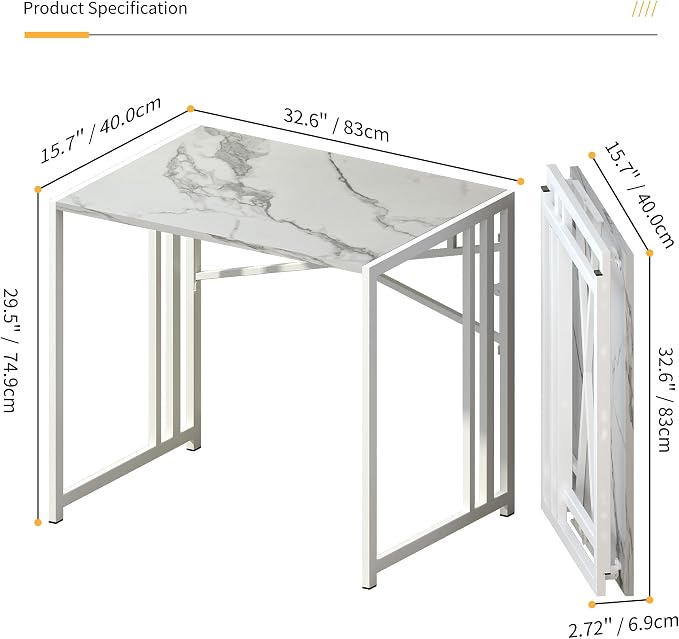 Lutown-Teen 32 inch Folding Small Desk, Writing Gaming Computer Camping Desk for Small Spaces, No Assembly Required Home Office Desk, White Marble