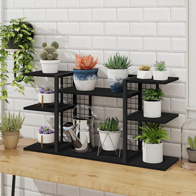 ELITEROO Desktop Bookshelf, 4 Tier Wood Desk Organizer Shelf, Tabletop Storage Shelf Rack for Office Supplies, Desk Decorations for Women Office, Rustic Black